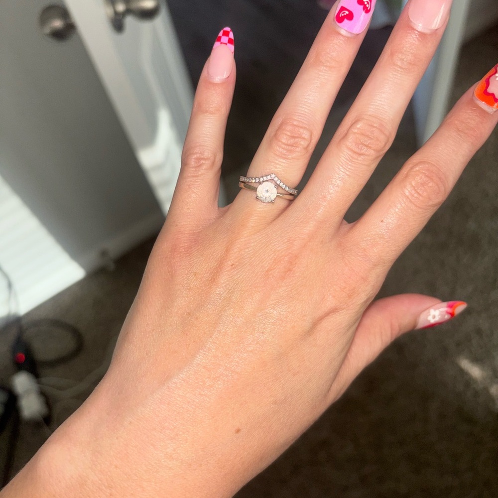 Moissanite and White Gold Wedding Band and Engagement Ring